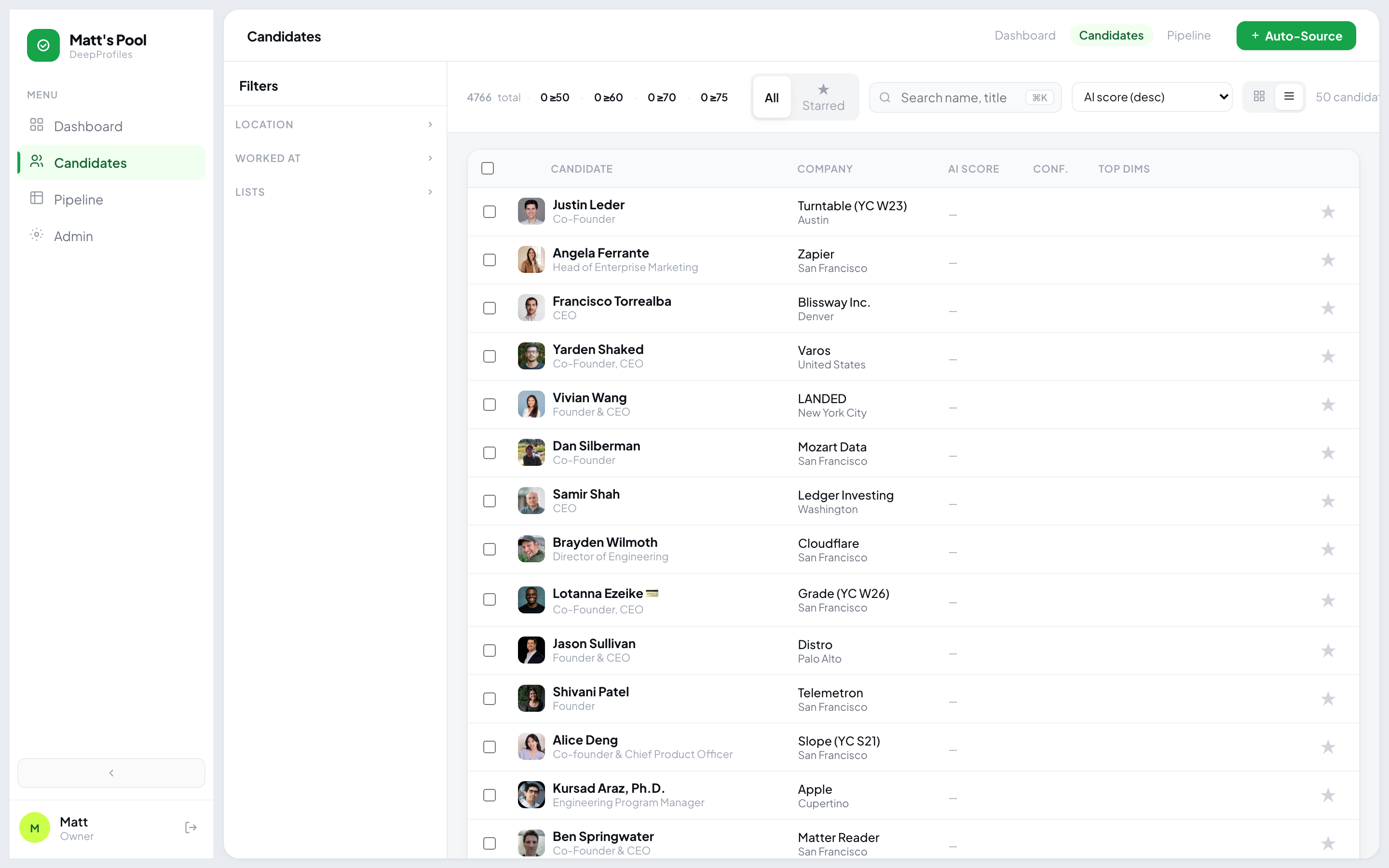 DeepProfiles candidates table with score filters and search